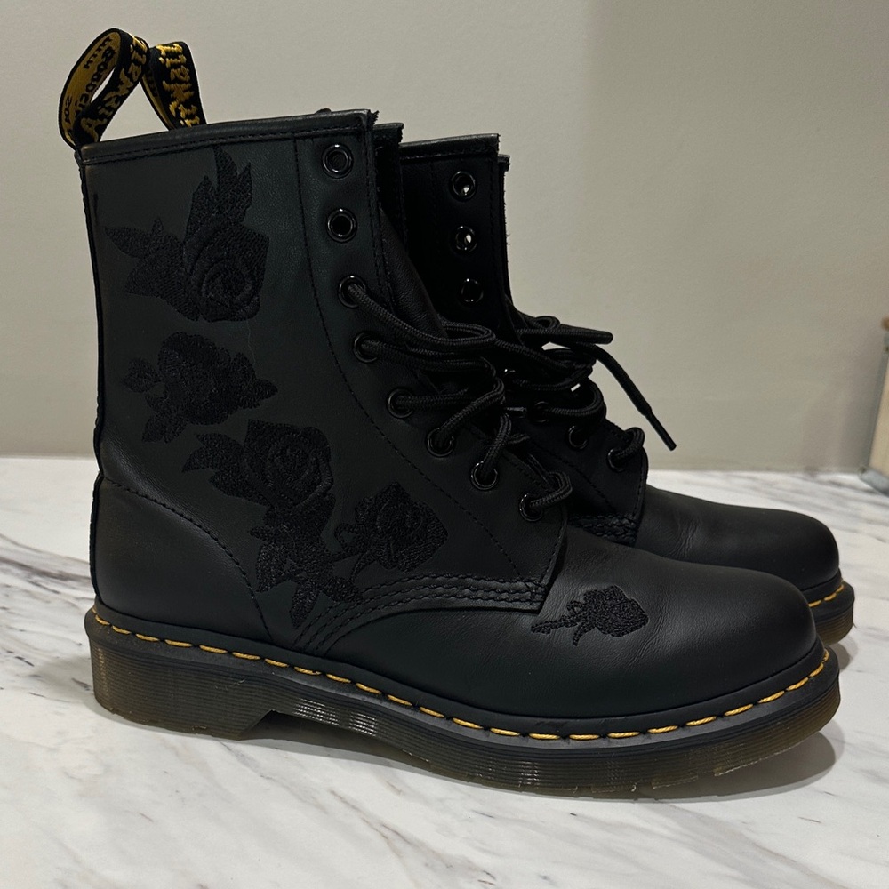 Dr. Martens Black Leather Combat Boots with Black Rose Embroidery